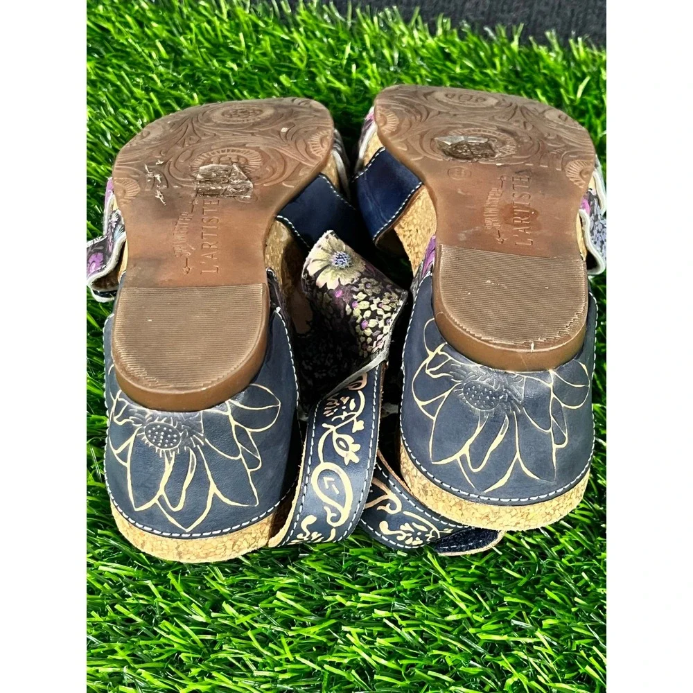 L'Artiste Spring Step Rolzah Floral Leather Wedge Sandals Navy Blue 38 US 7.5-8